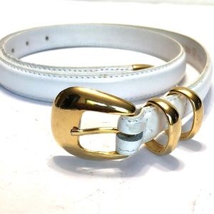 White & Gold Thin Leather Belt size Medium